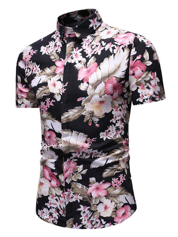 

Vintage Flower Leaf Print Button Up Shirt, Black