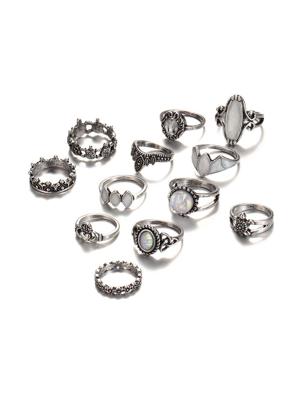 

12Pcs Vintage Floral Turtle Faux Gem Ring Set, Silver