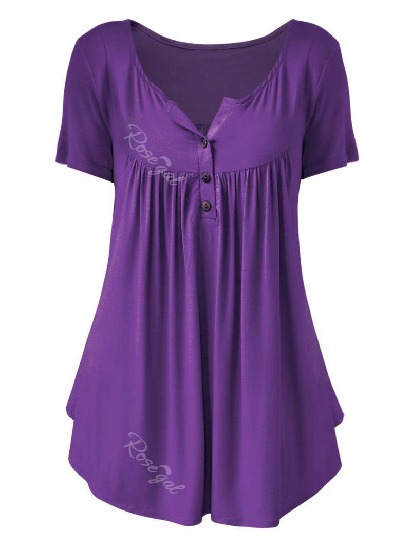 

Plus Size Solid Color Ruched Front Button T Shirt, Purple