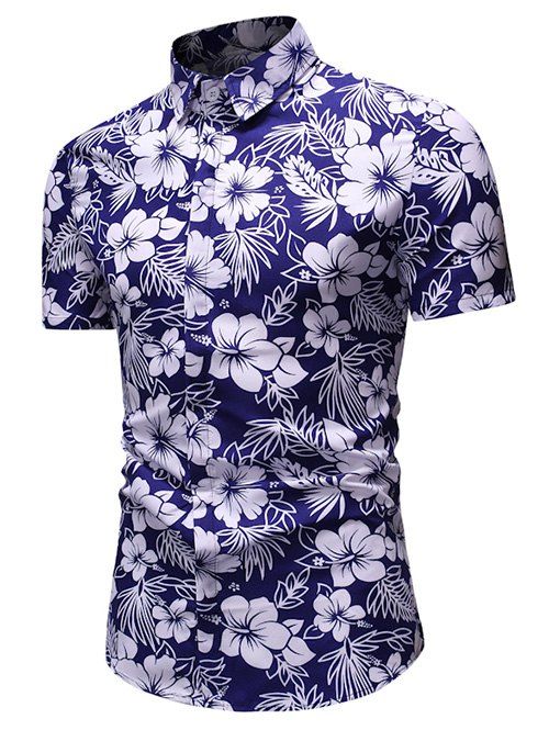 

Ethnic Floral Print Button Up Short Sleeve Shirt, Blue