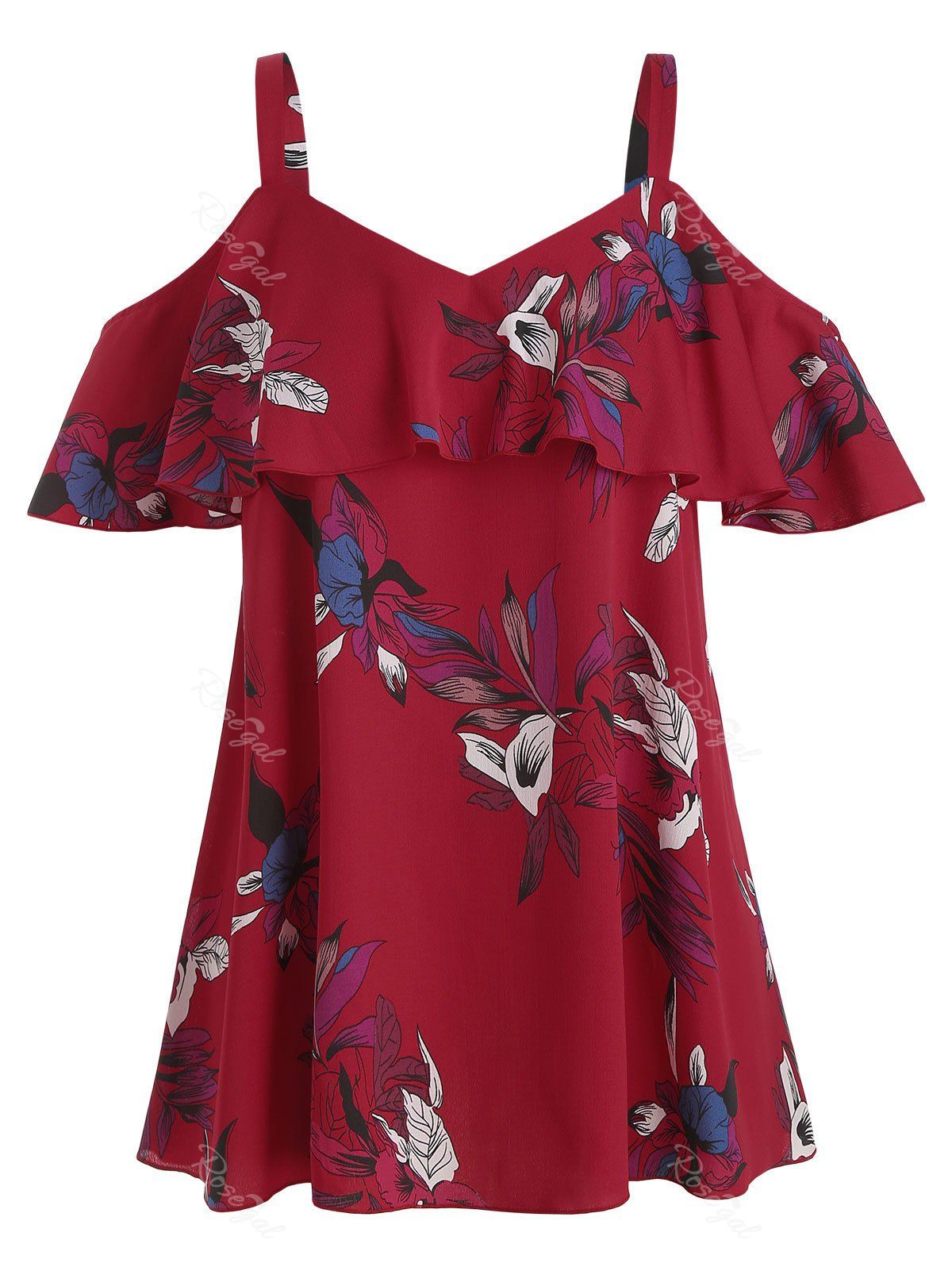 

Plus Size Cold Shoulder Floral Print Flounce Blouse, Cherry red