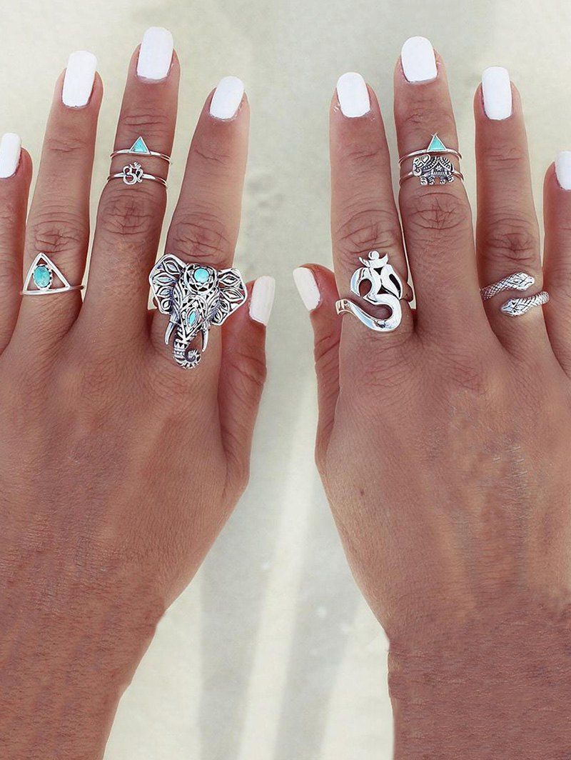 

Vintage Snake Elephant Geometric Turquoise Ring Set, Silver