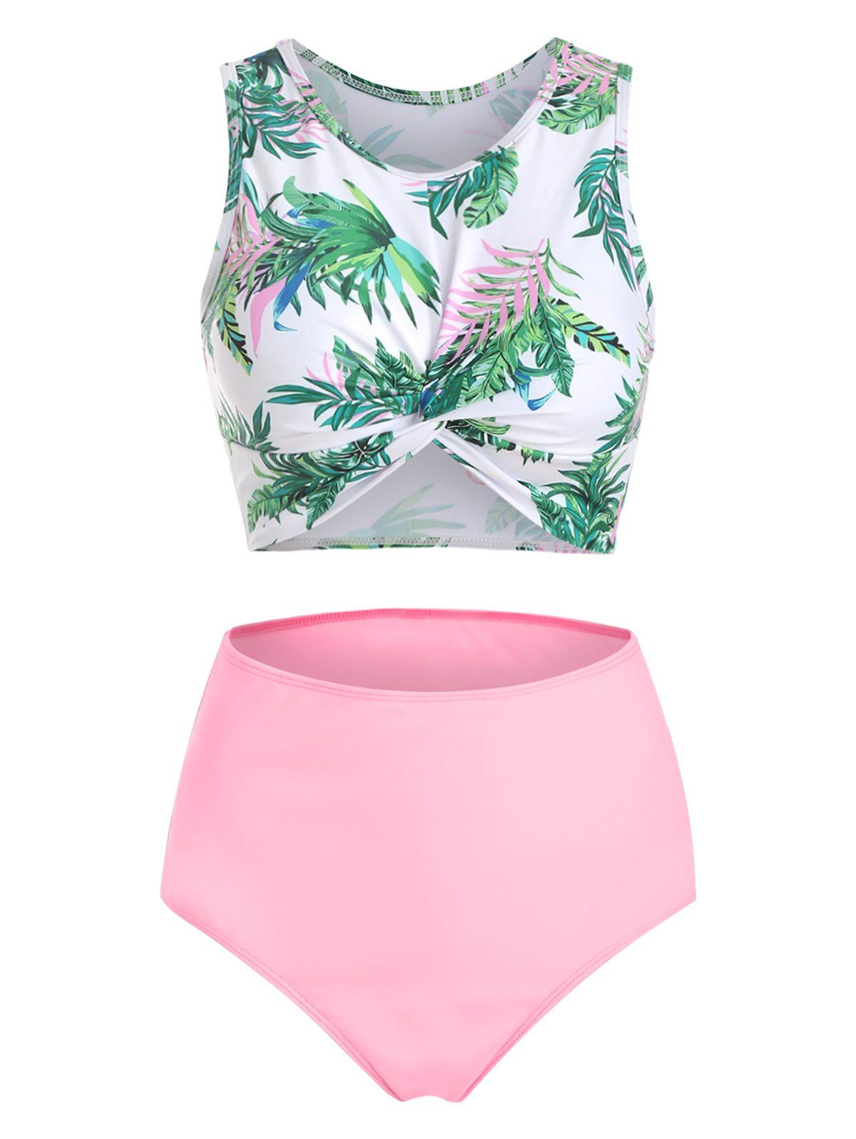 

Leaves Print Twist Front Padded Tankini Swimsuit, Light pink