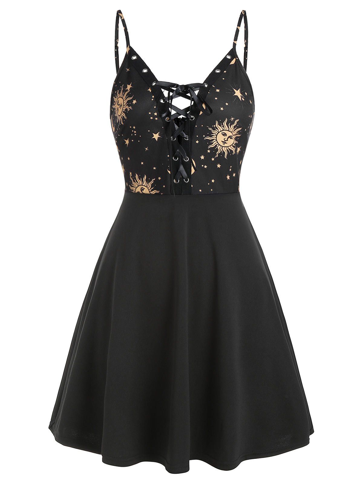 

Cami Sun and Moon Lace Up Mini Dress, Black