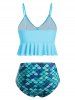 Maillot de Bain Tankini Sirène Noué à Imprimé Ecale de Poisson à Volants - Bleu Zircon M