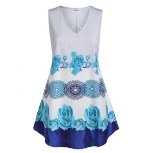 

Plus Size Flower Print Criss-cross V Neck Tank Top, Multi