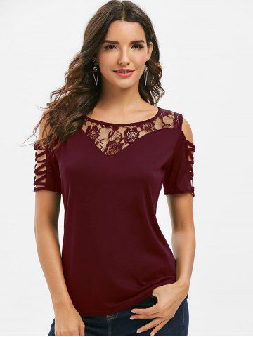 

Cold Shoulder Floral Lace Panel Tee, Plum pie