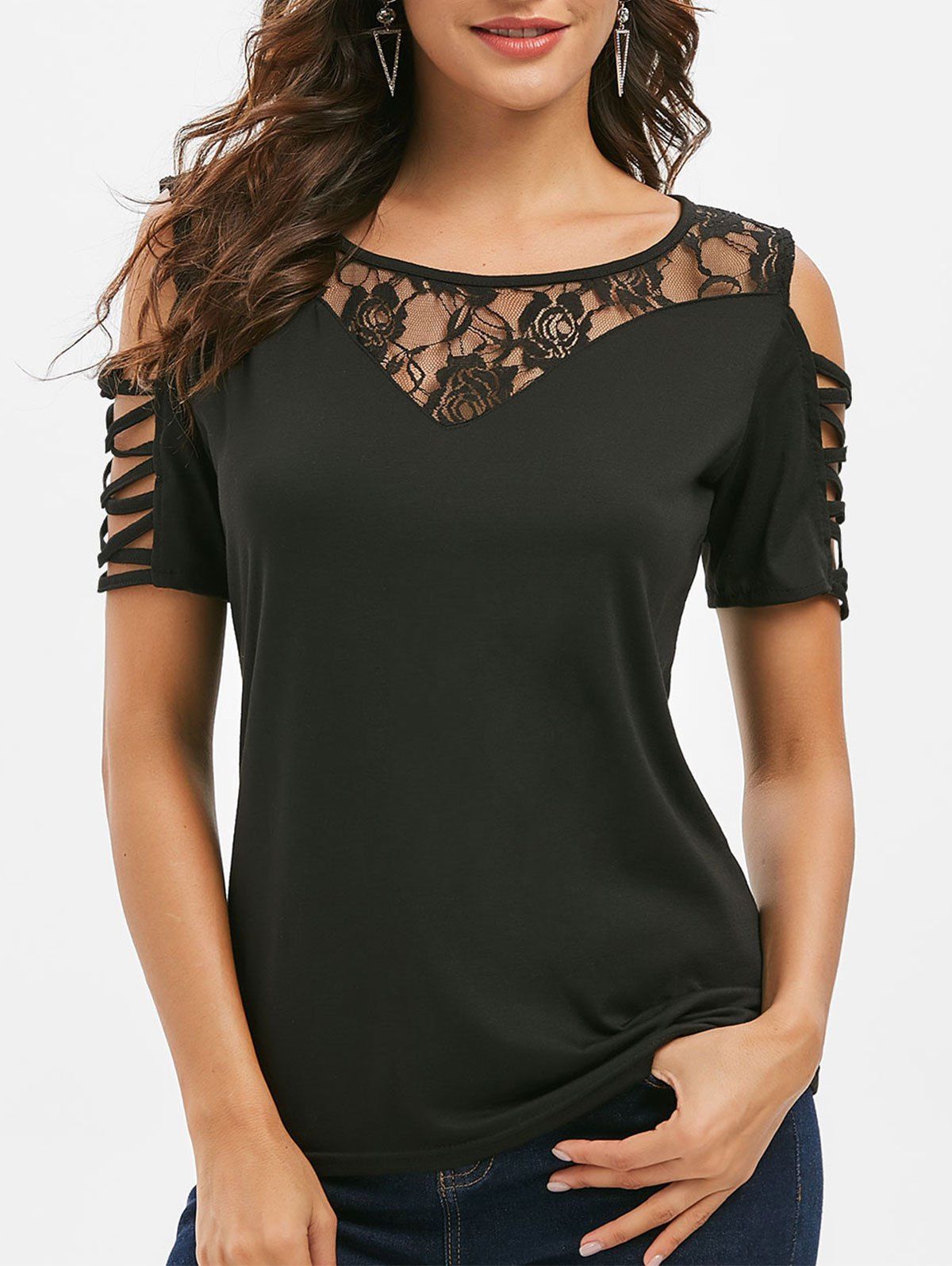 

Cold Shoulder Floral Lace Panel Tee, Black