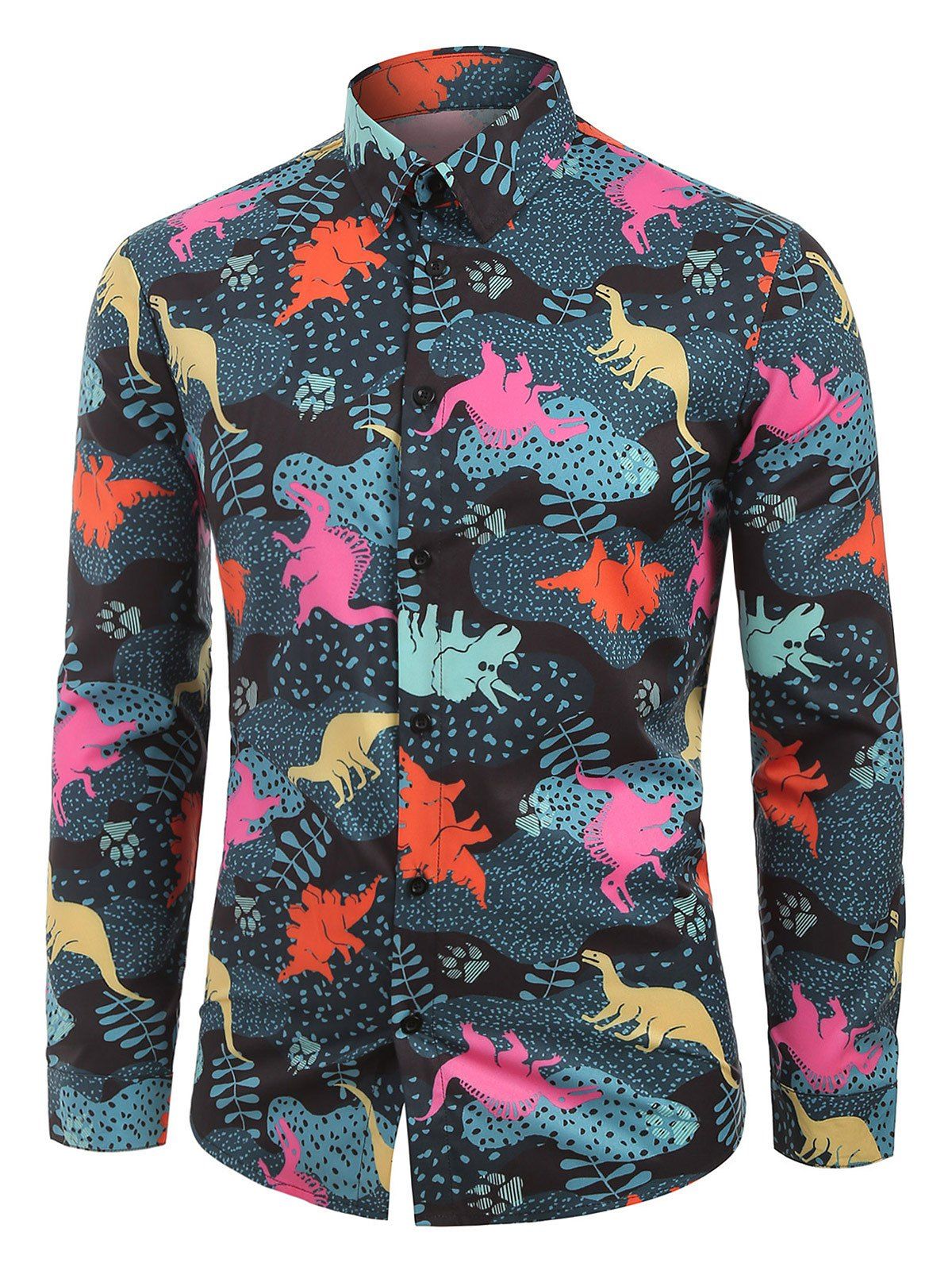 

Button Up Leaves Dinosaur Animals Print Long Sleeves Shirt, Multi