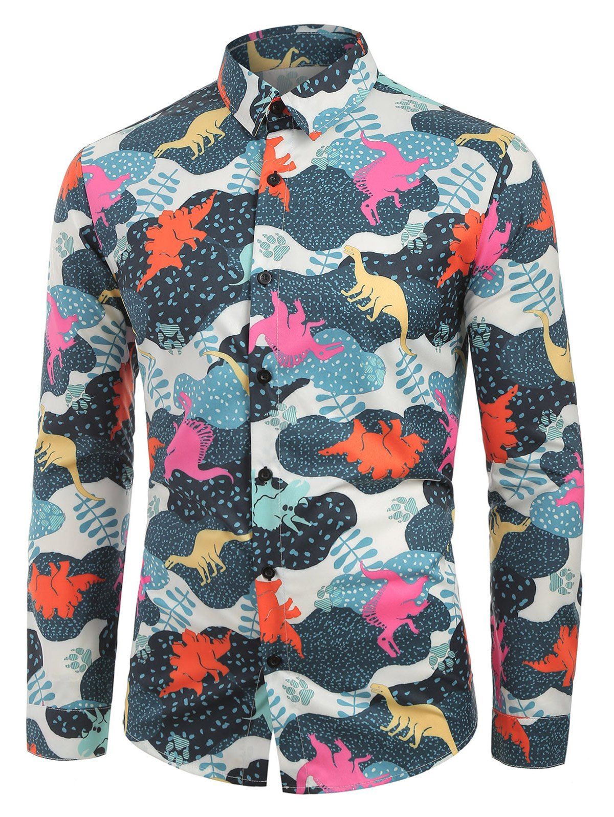 

Button Up Leaves Dinosaur Animals Print Long Sleeves Shirt, White