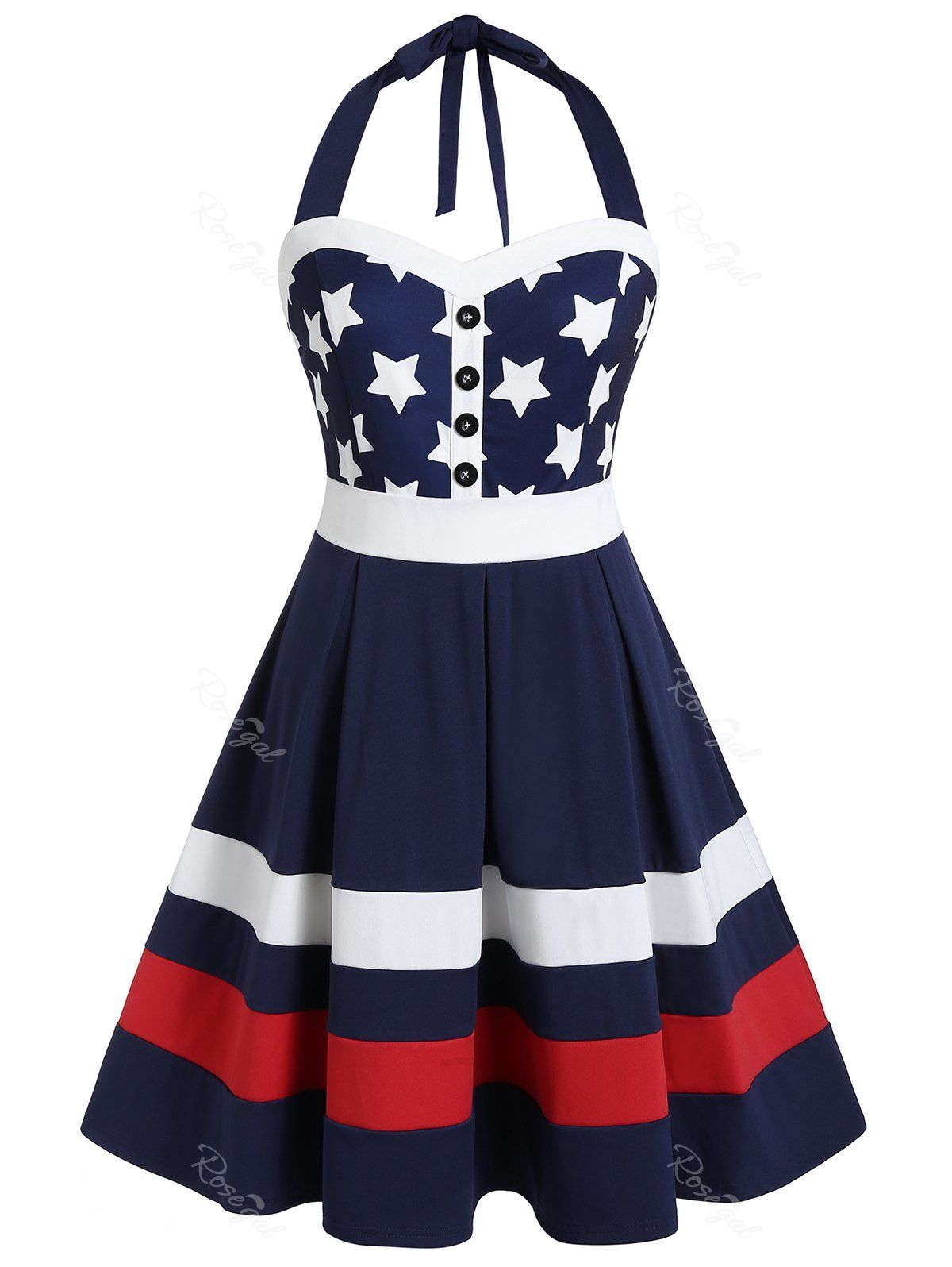 [52% OFF] Plus Size American Flag Halter Backless Retro Flare Dress ...