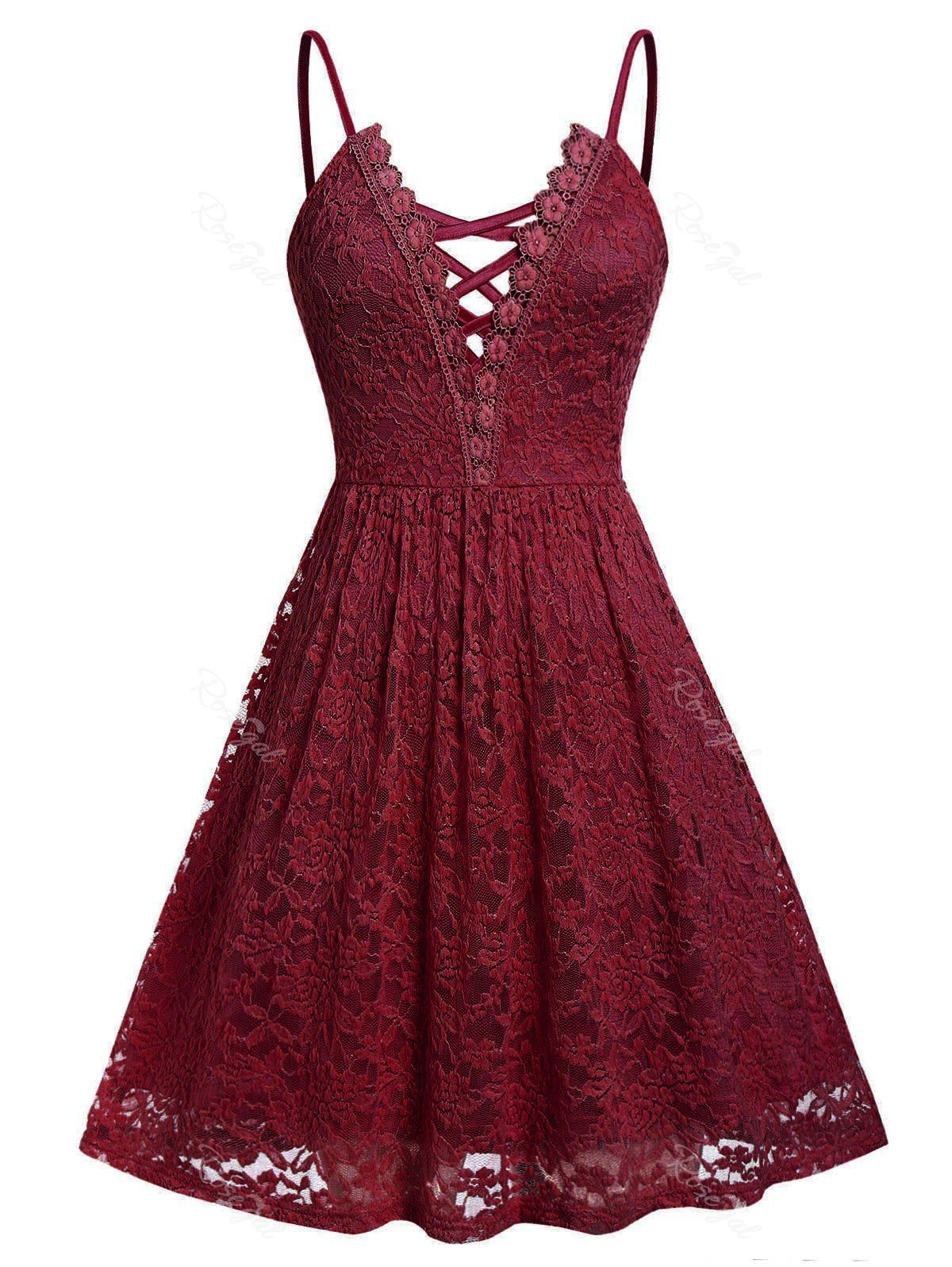 

Criss Cross Lace Plus Size Cami Mini Dress, Red wine