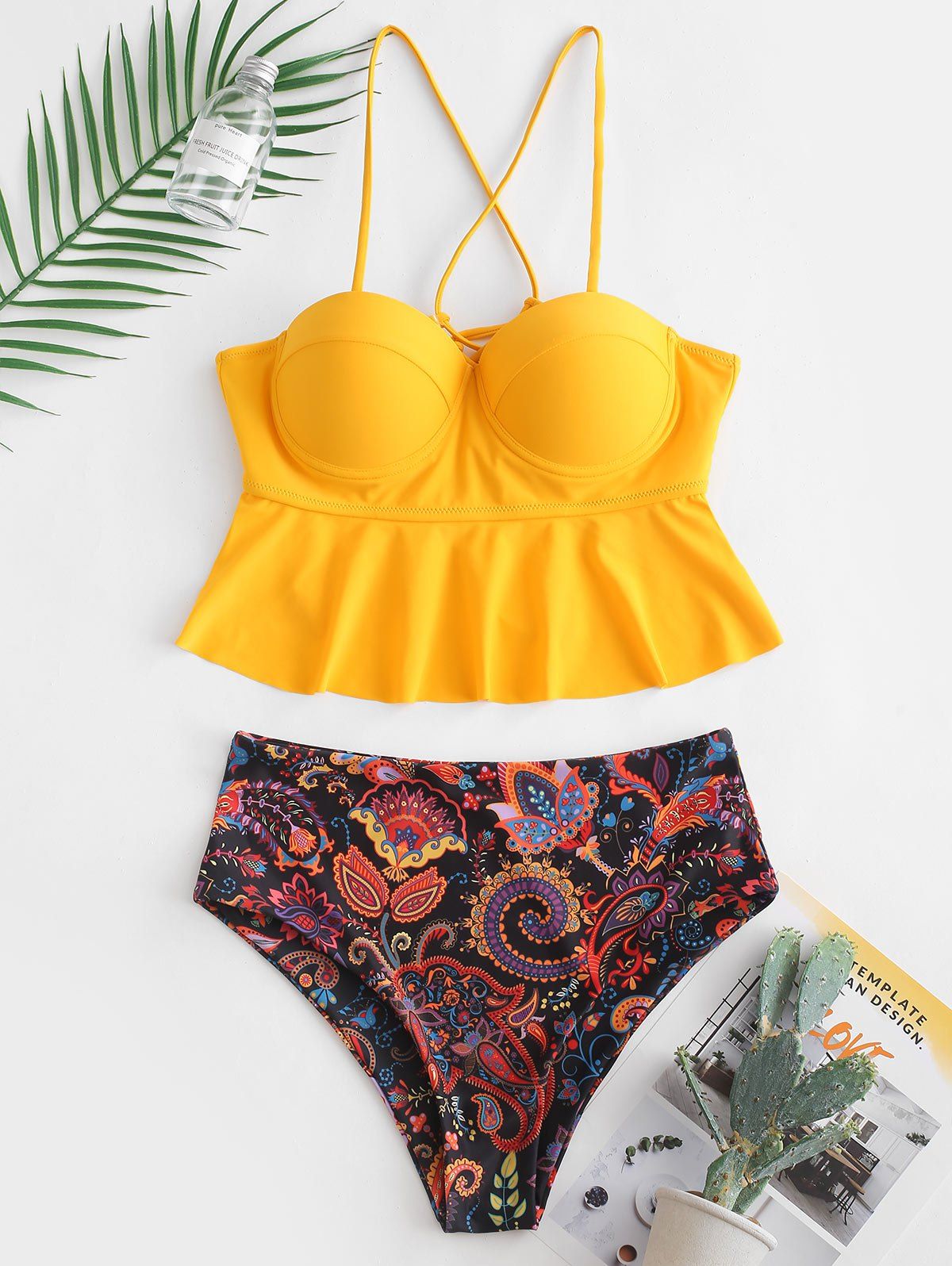 Crisscross Paisley Print Underwire Peplum Tankini Swimsuit, Yellow