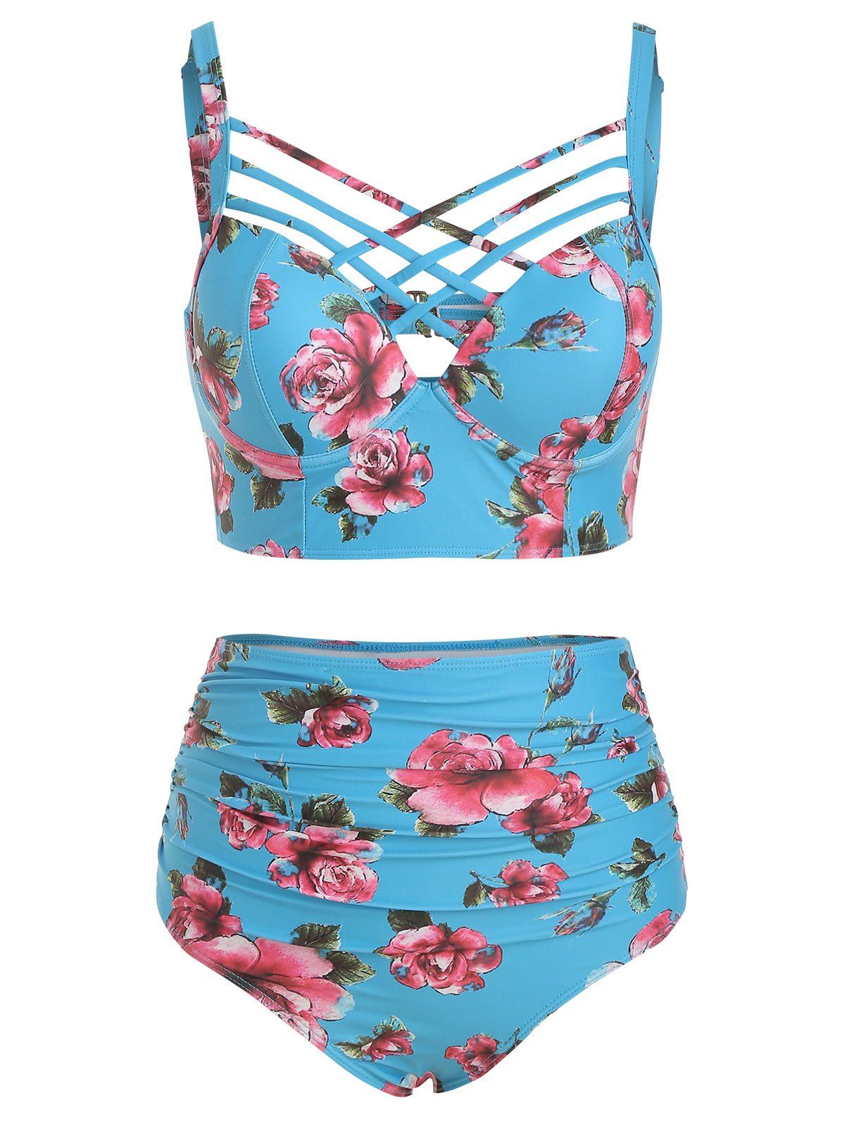

Floral Lattice Underwire High Waisted Bikini Swimsuit, Blue ivy