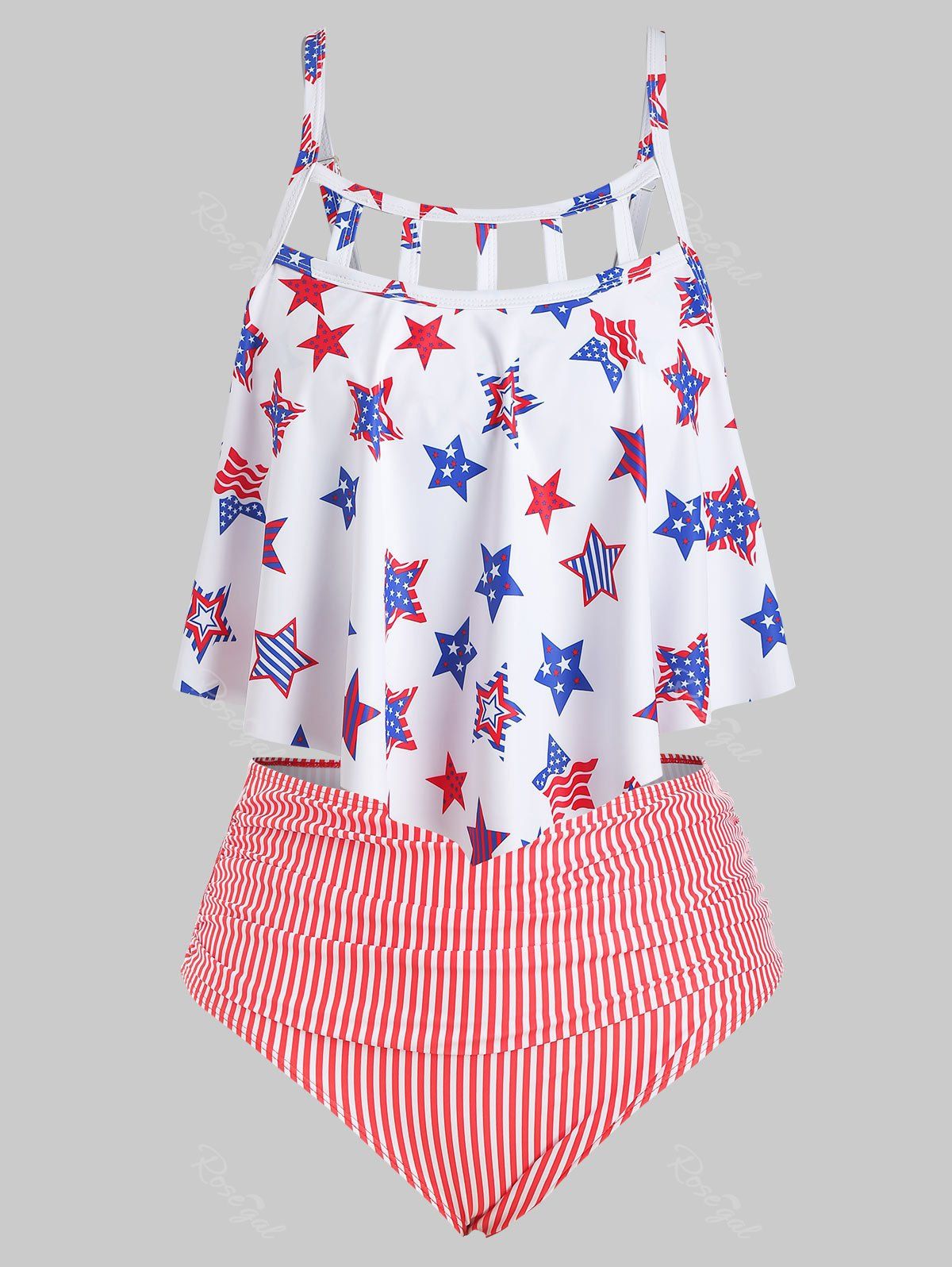 

Flounces Cut Out American Flag Plus Size Tankini Swimsuit, White