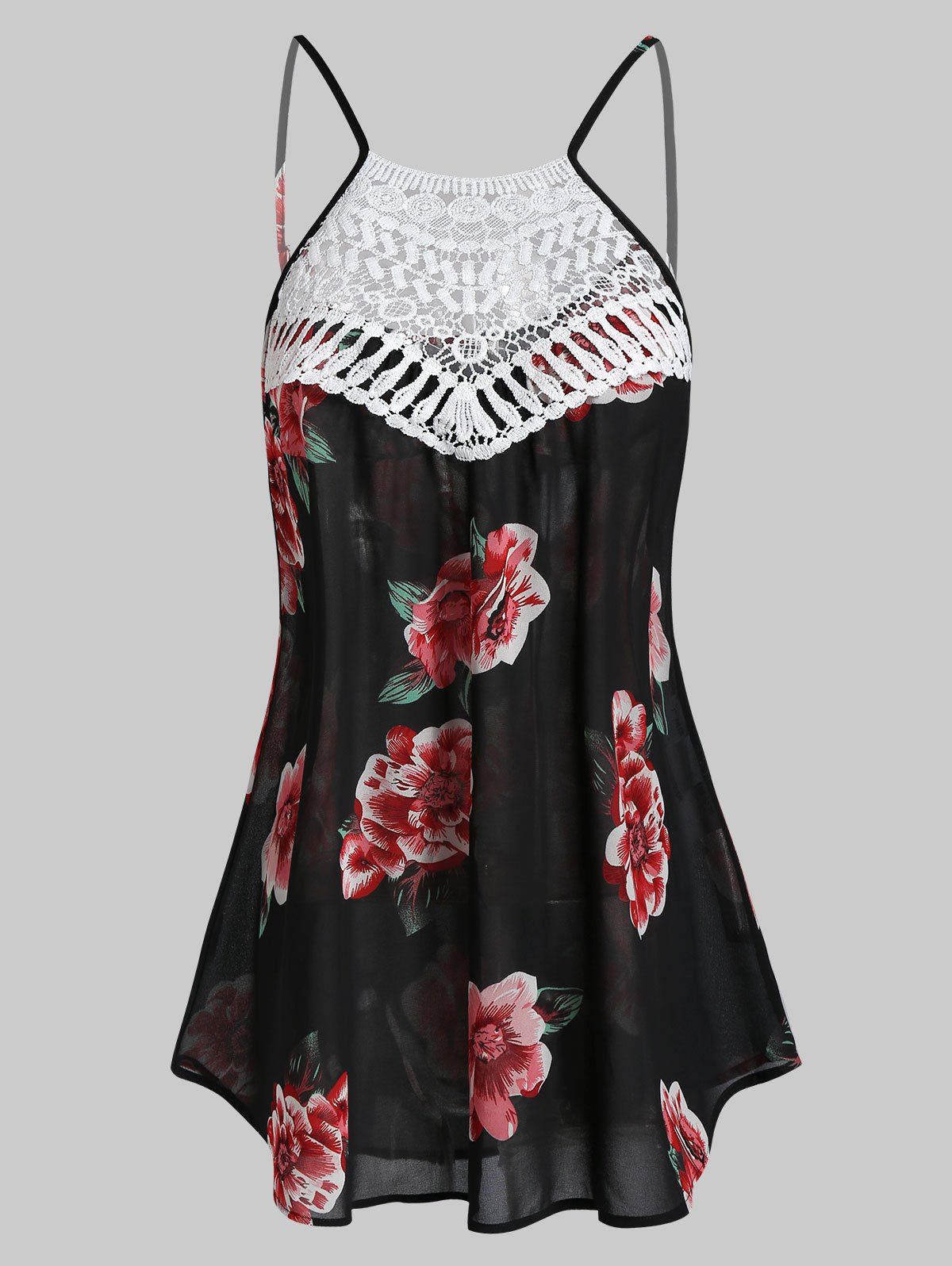 

Flower Print Chiffon Crochet Panel Cami Top, Black