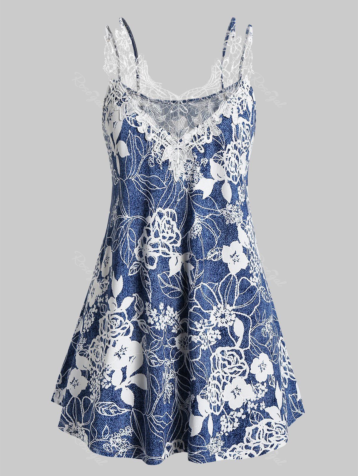 

Plus Size Strappy Floral Print Lace Insert Tank Top, Silk blue