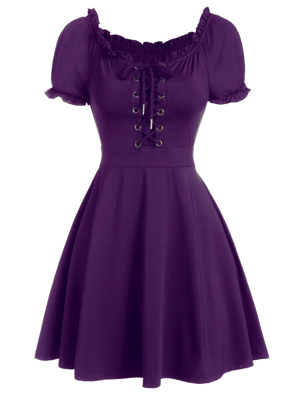 

Lace Up Front Ruffle Skater Dress, Purple iris