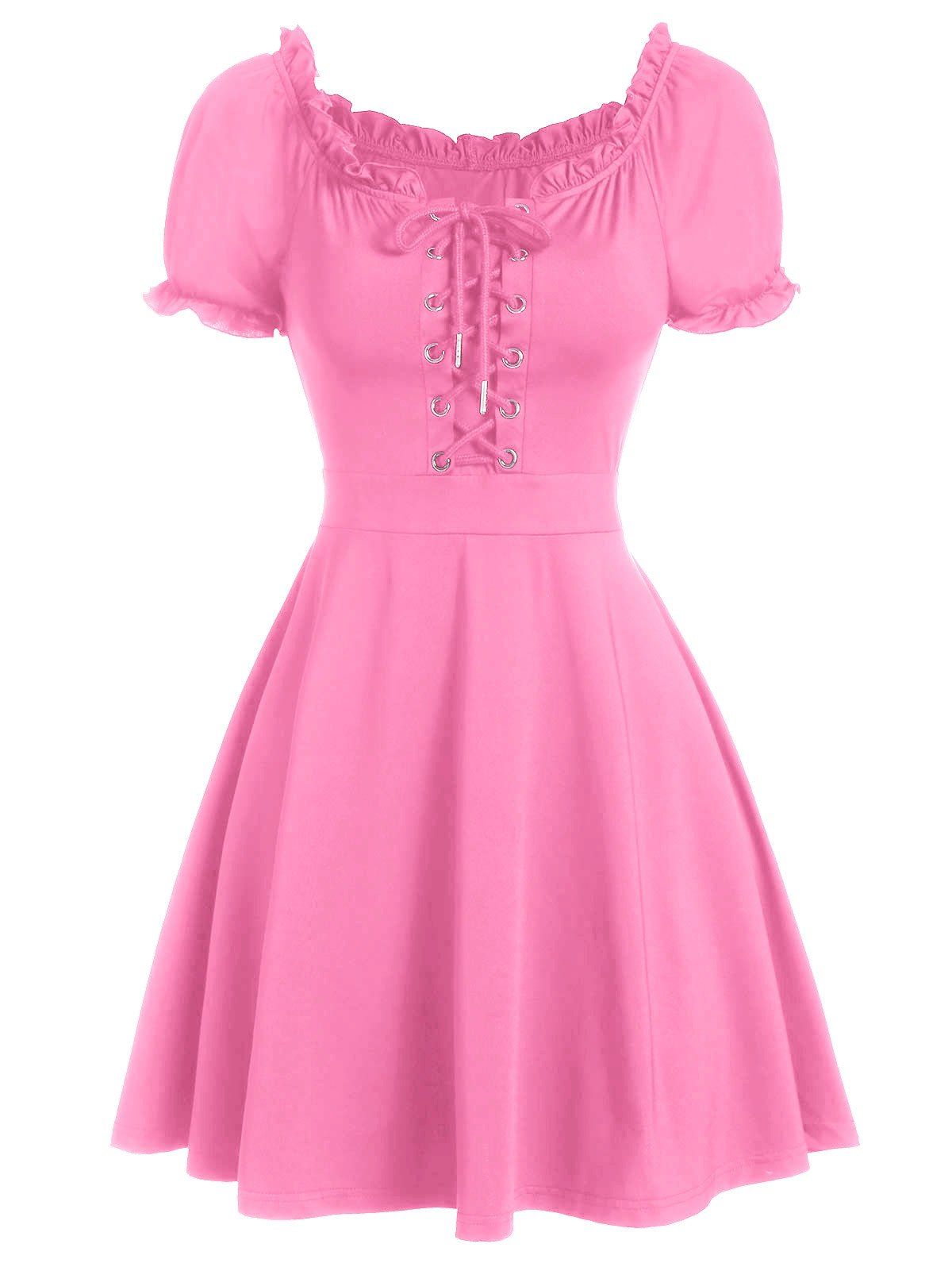 

Lace Up Front Ruffle Skater Dress, Pink