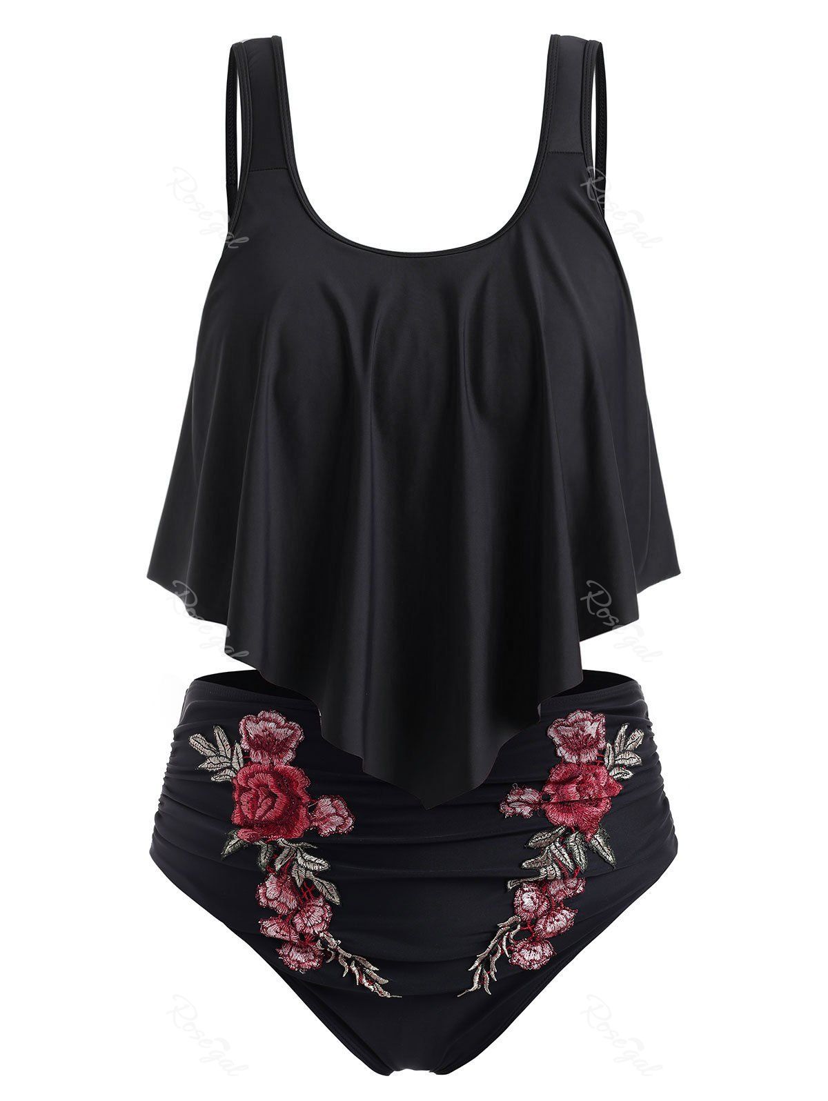 

Plus Size Embroidered Ruffled Bikini Swimsuit, Black
