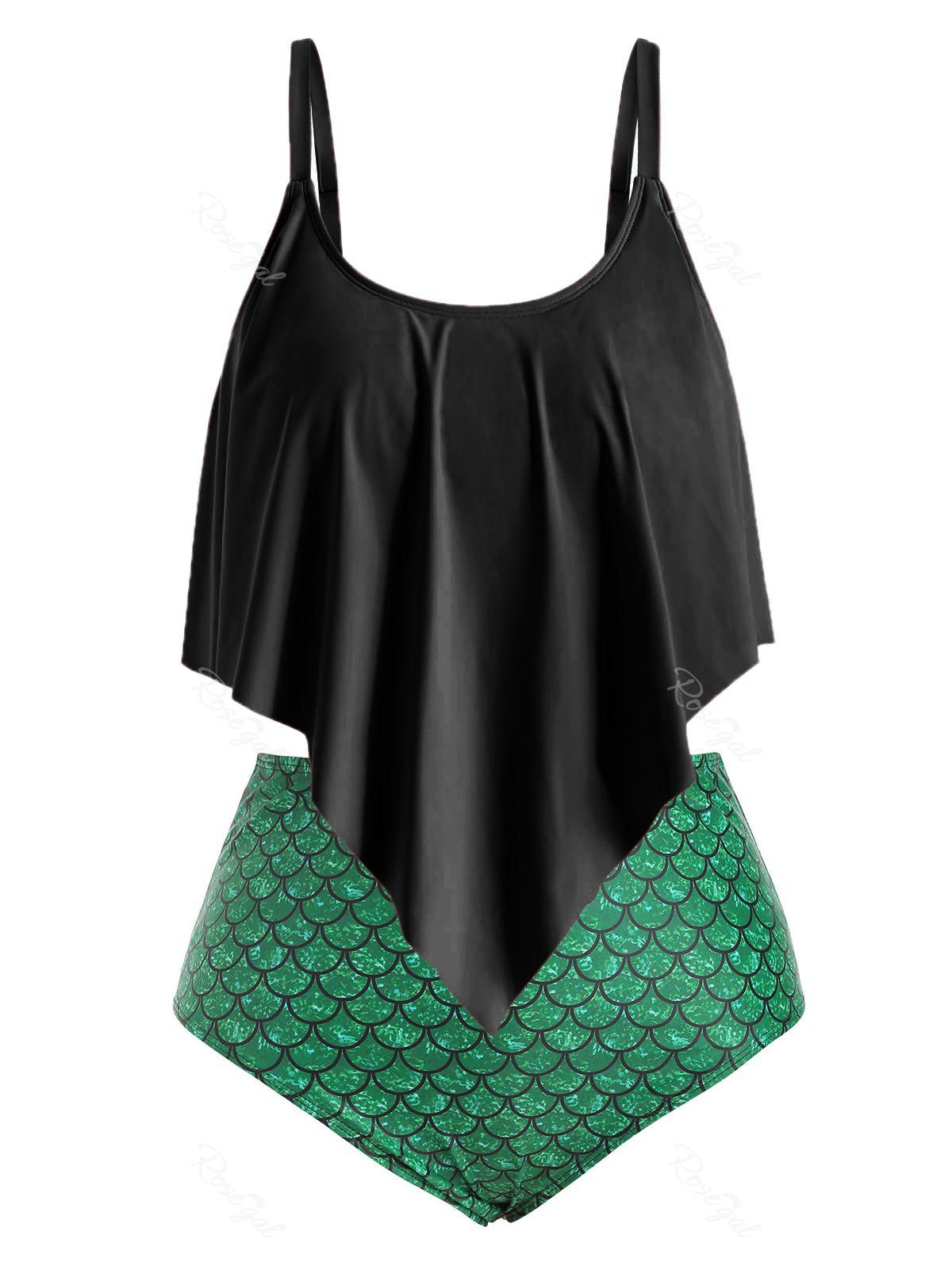 

Plus Size Ruffled Mermaid Tankini Swimwear, Sea turtle green