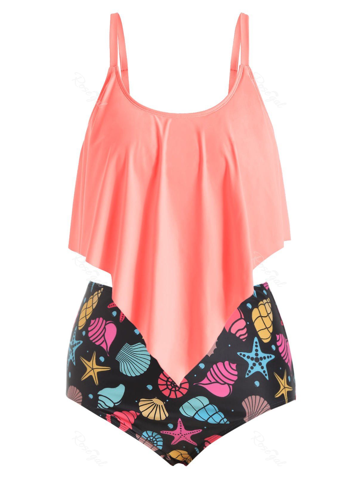 

Plus Size Shell Starfish Print High Rise Flounce Tankini Swimsuit, Light coral