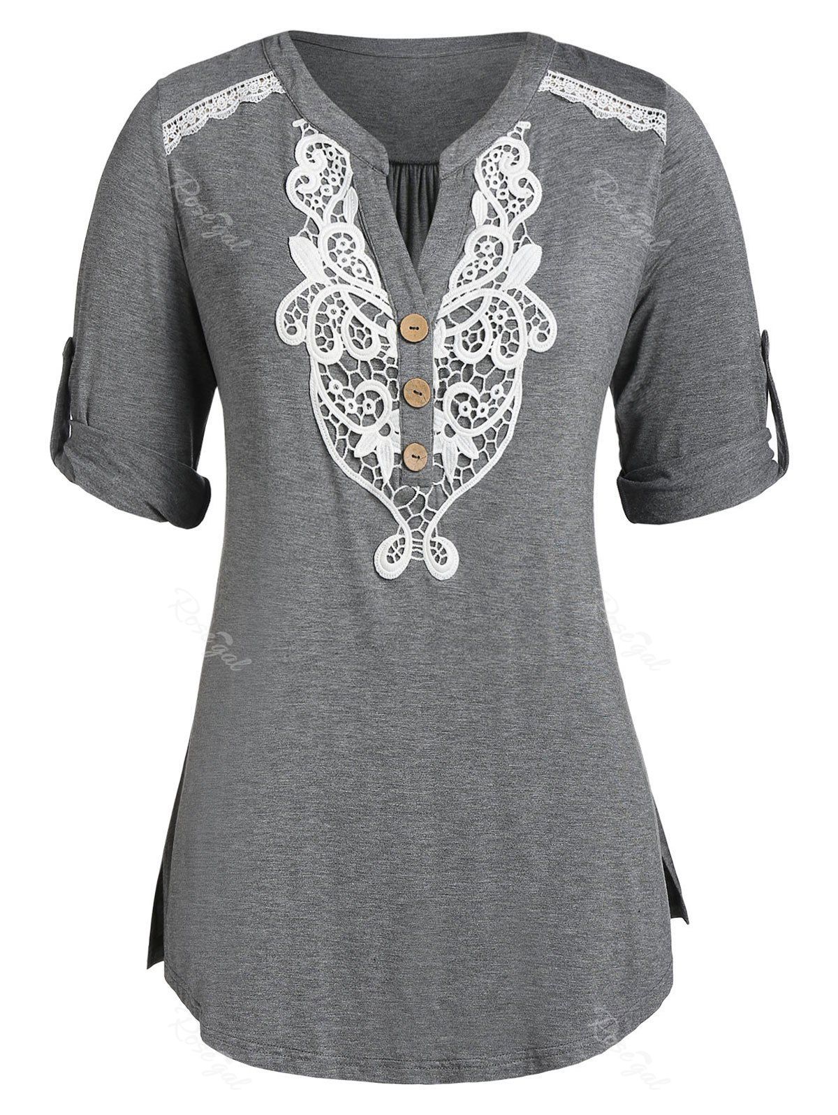 

Plus Size V Notch Applique Panel Rolled Sleeve Slit Tee, Dark gray