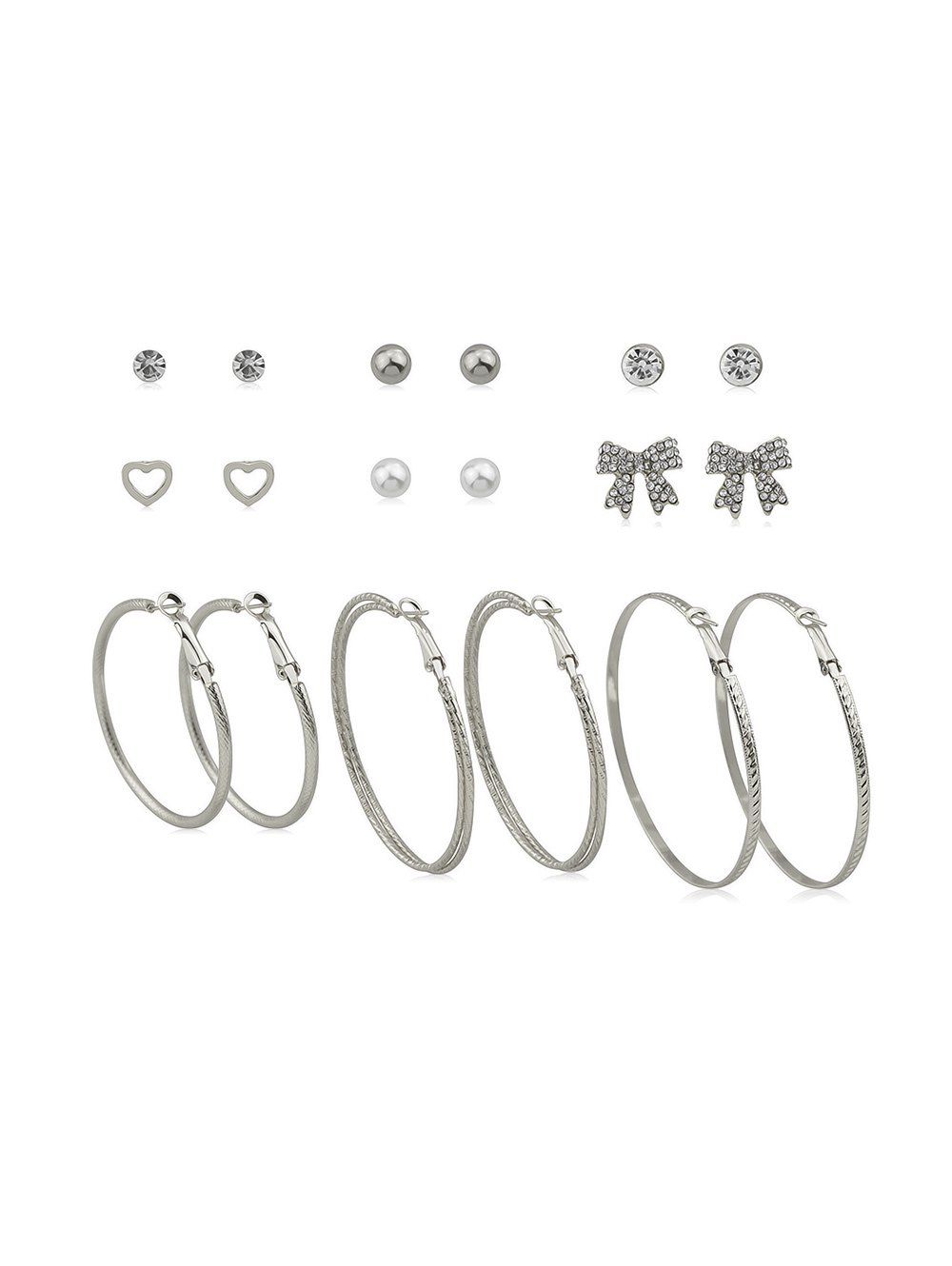 

Heart Big Circle Bowknot Earrings Set, Silver