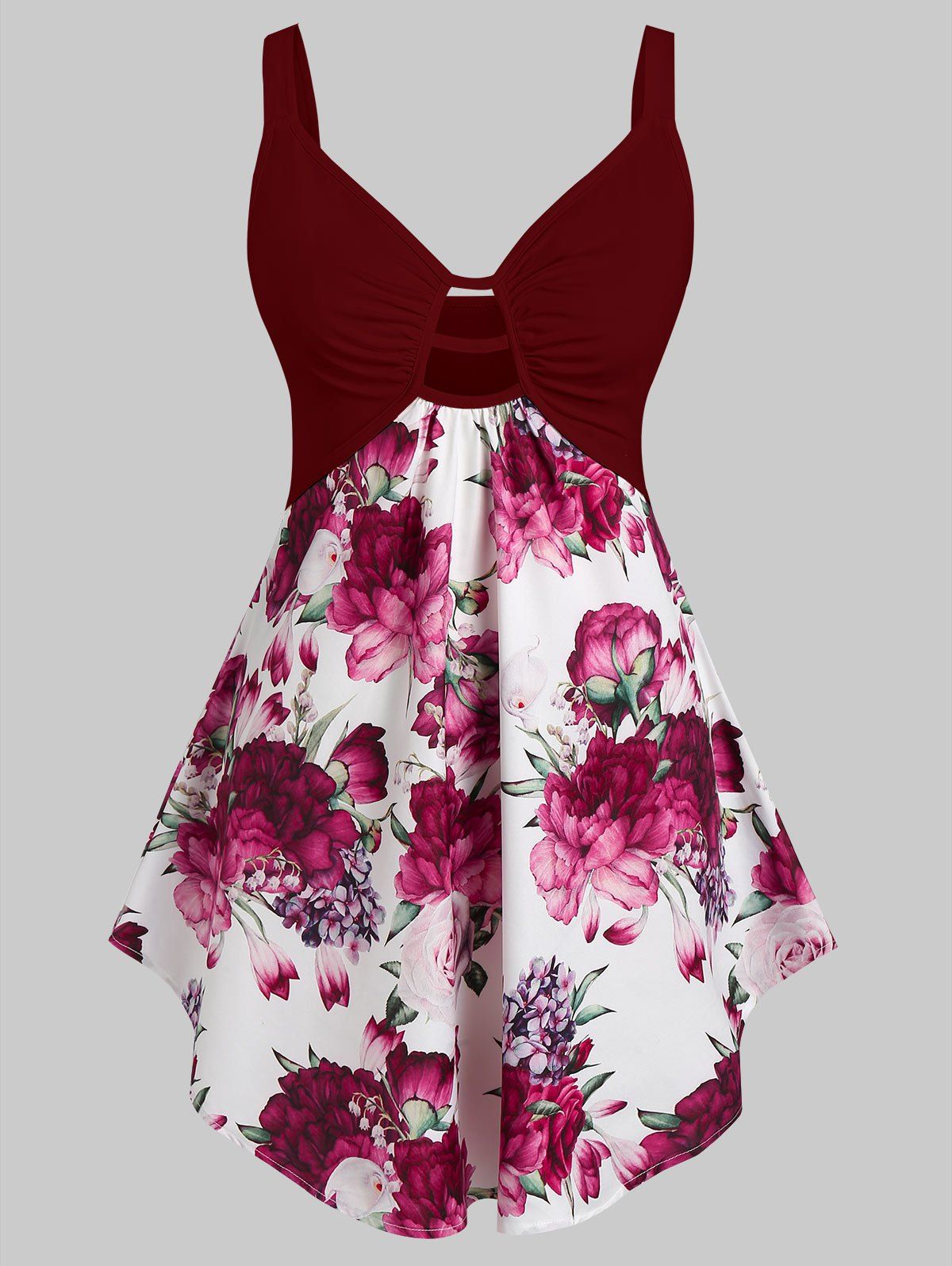 

Plus Size Cut Out Floral Print Asymmetrical Tank Top, Red wine