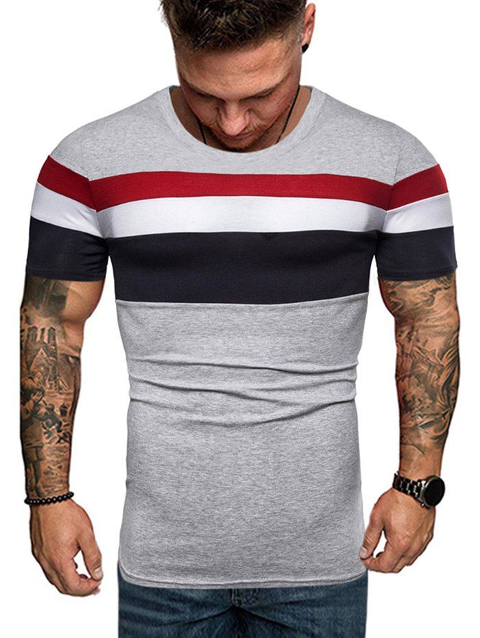

Contrast Striped Patch Casual T Shirt, Light gray