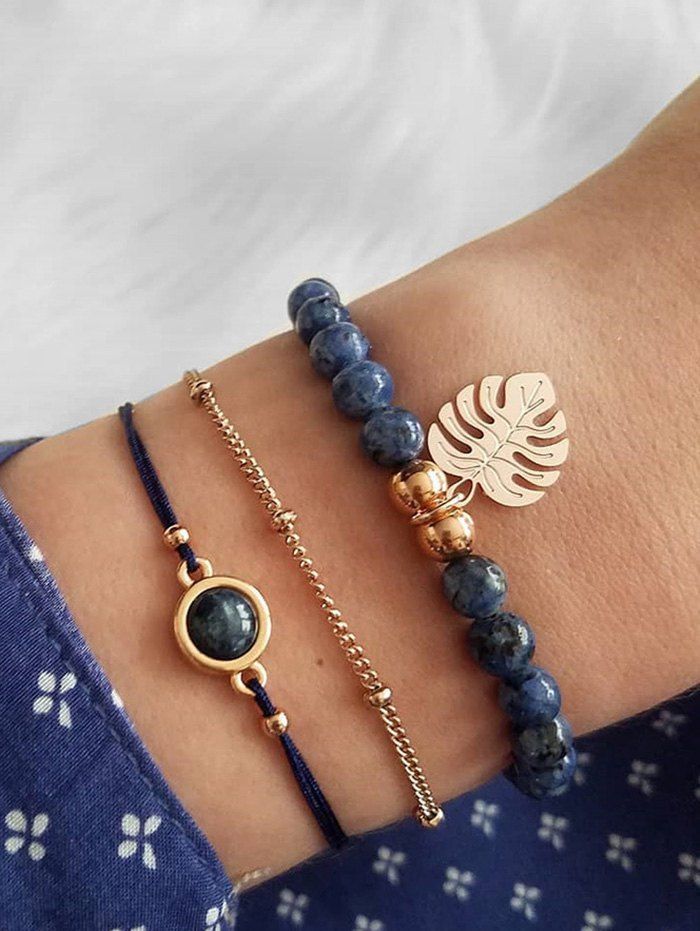 

3Pcs Beaded Tropical Leaf Bracelet Set, Gold