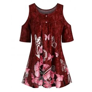 

Denim Butterfly Print Open Shoulder Button Yoke T-shirt, Red wine