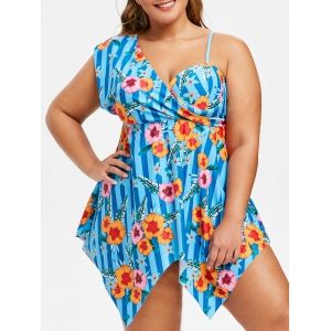 

Plus Size Asymmetrical Shoulder Flower Striped Tankini Swimsuit, Crystal blue