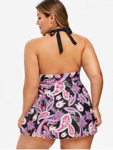 

Plus Size Halter Printed Bowknot Tankini Set, Black
