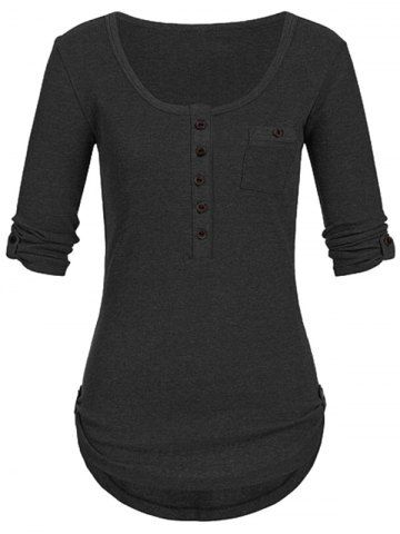 

Plus Size Roll Up Sleeve Pockets Curved T-shirt, Black