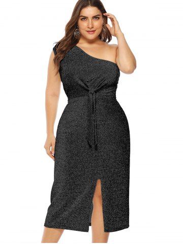 

Knotted Shiny Slit One Shoulder Plus Size Dress, Black