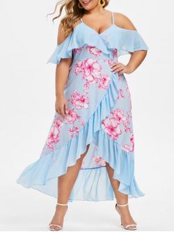 Plus Size Flower Print High Low Flounce Maxi Dress - PASTEL BLUE - L