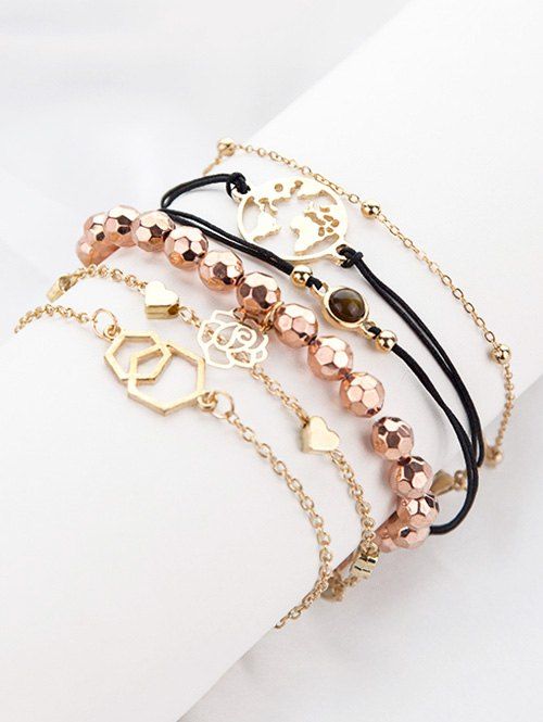 

6Pcs Map Rose Heart Bracelet Set, Gold