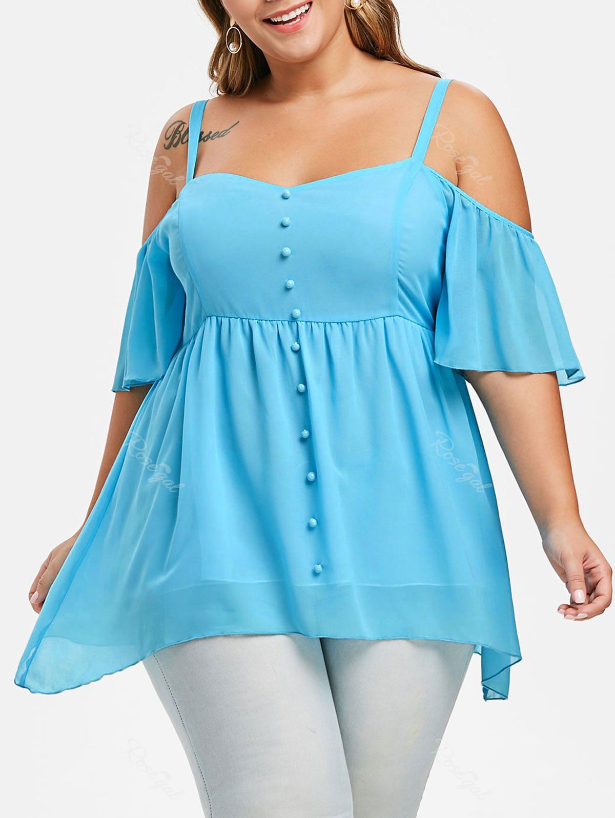 

Plus Size Cold Shoulder Solid T Shirt, Light aquamarine