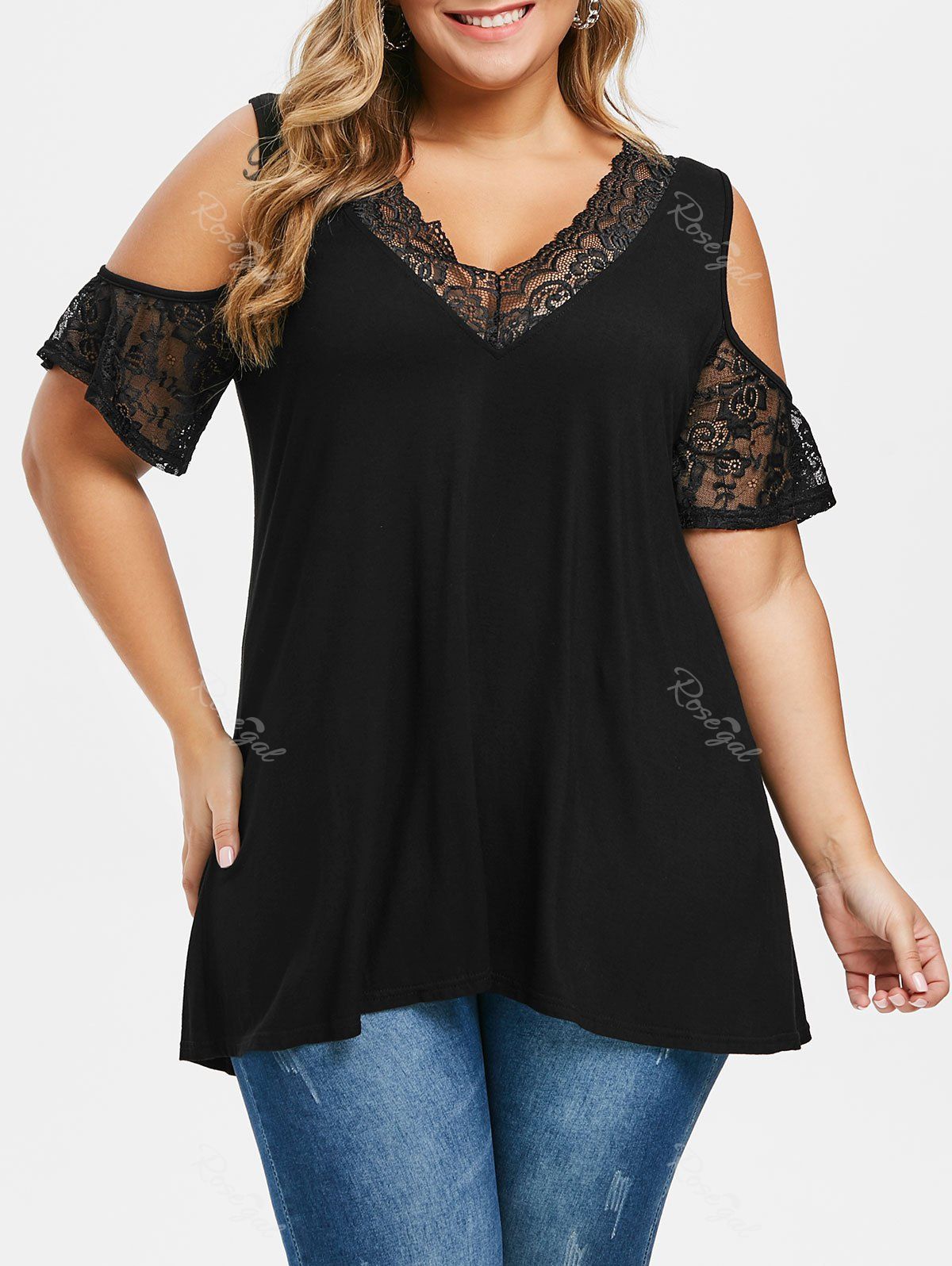 

Plus Size Cold Shoulder Lace Insert T Shirt, Black