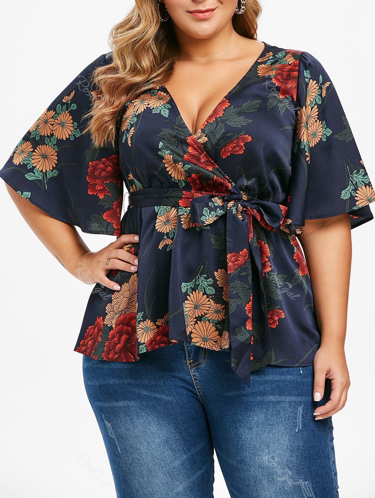 

Plus Size Floral Print Surplice Blouse with Belt, Dark slate blue