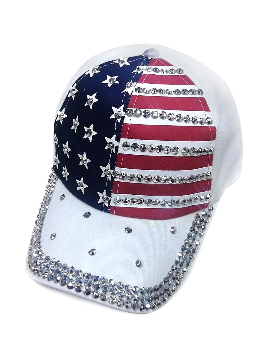 

American Flag Print Rhinestone Baseball Cap, White