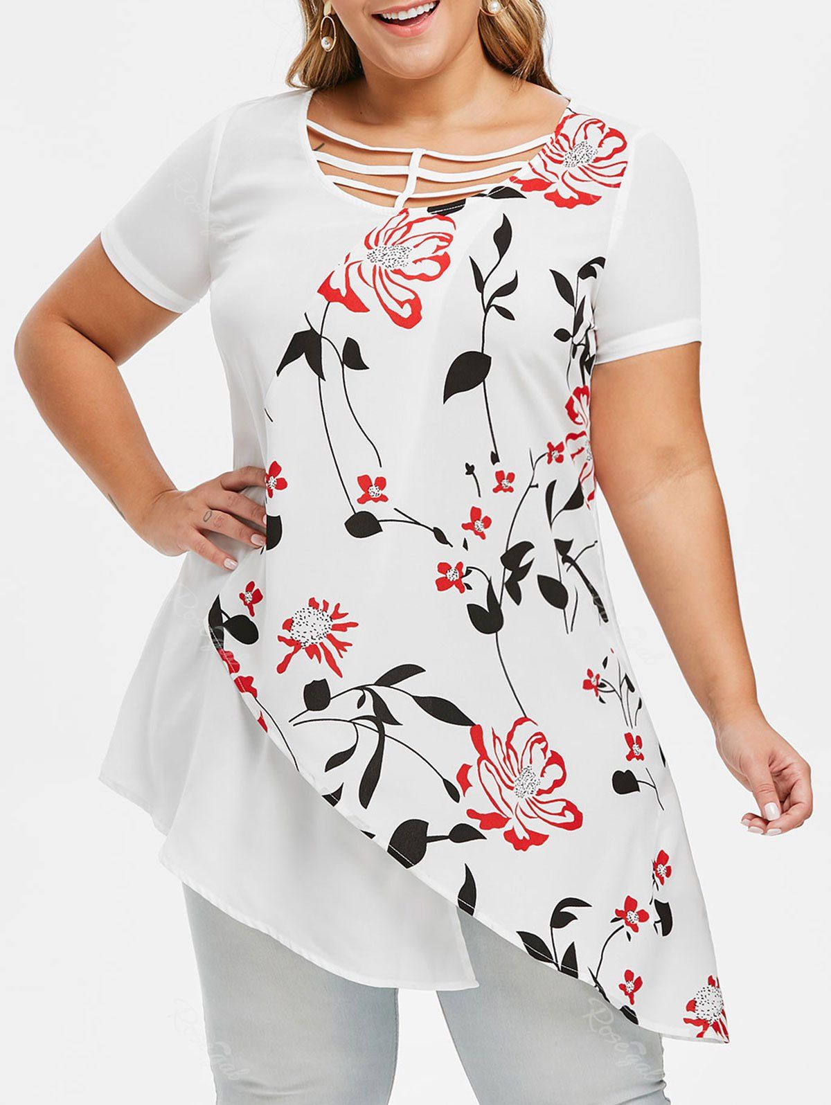 

Plus Size Floral Print Asymmetric Tunic T Shirt, White