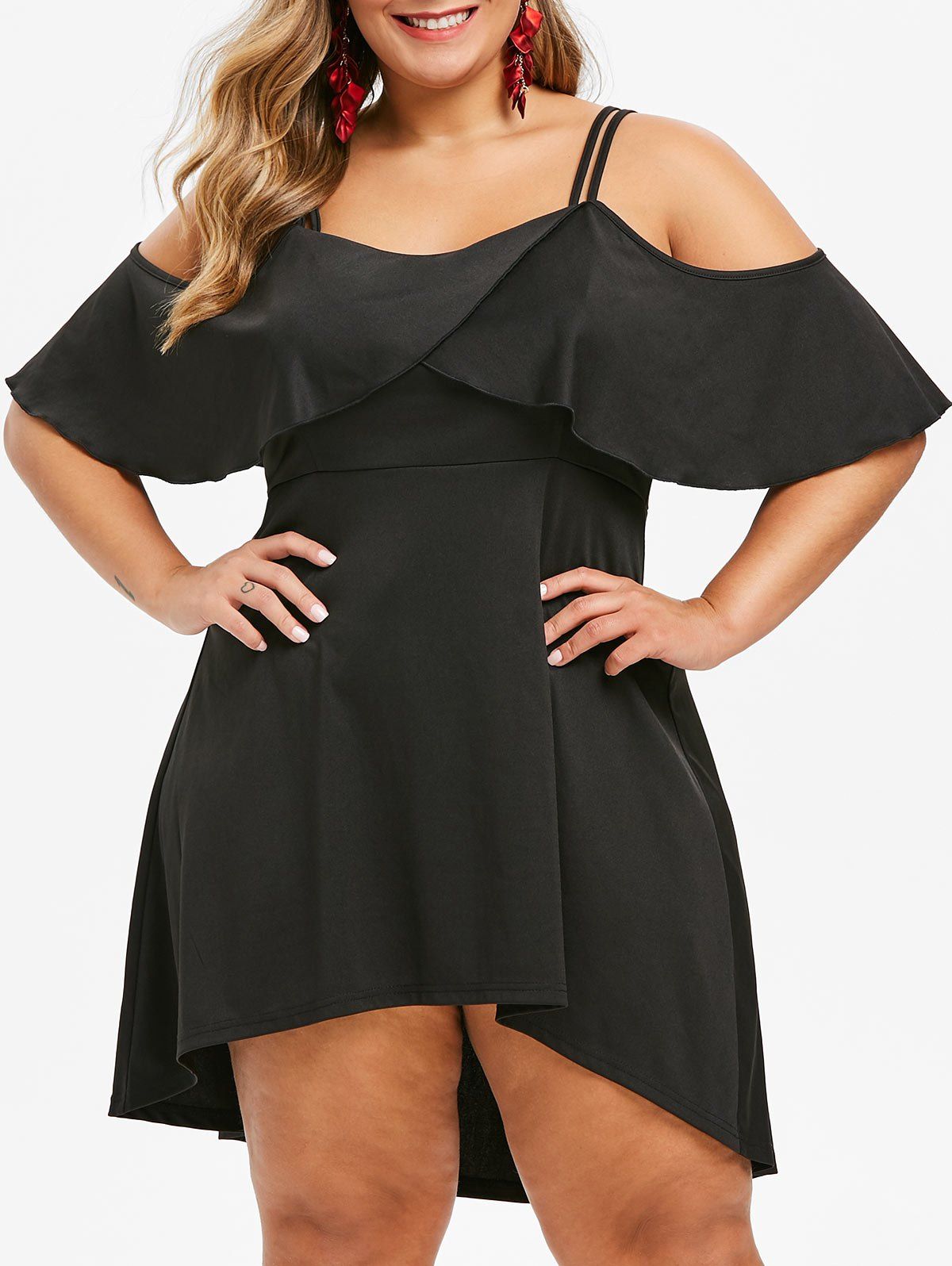 

Plus Size Open Shoulder High Low Flare Dress, Black