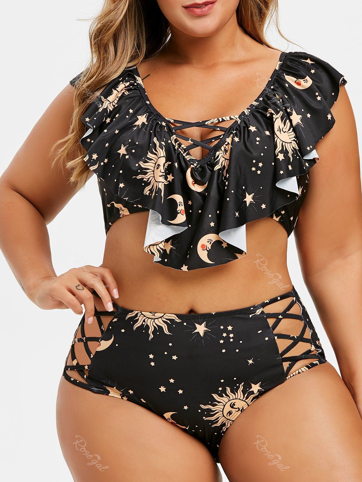 

Ruffles Planet Galaxy Star Moon Print Plus Size Tankini Set, Black