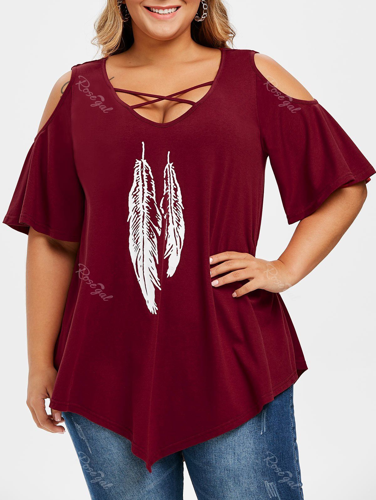 

Criss Cross Feather Graphic Cold Shoulder Plus Size Top, Red wine