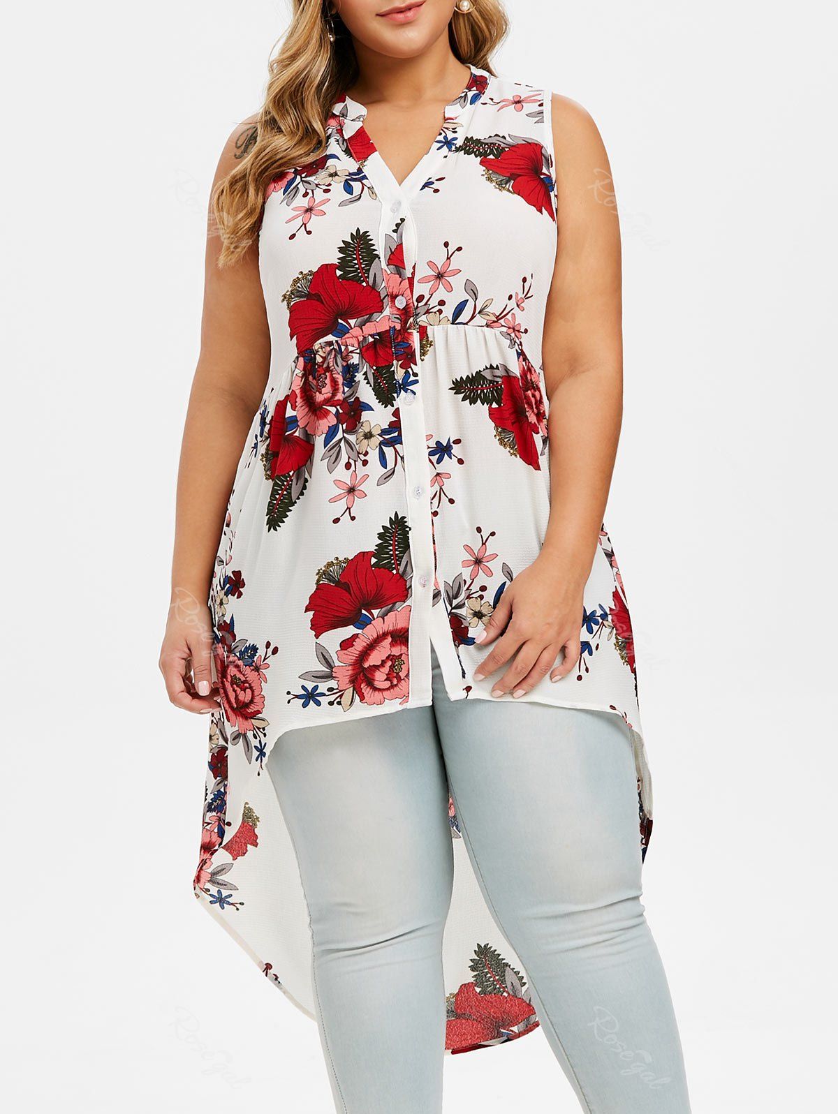 [60% OFF] High Low Button Up Floral Plus Size Blouse | Rosegal