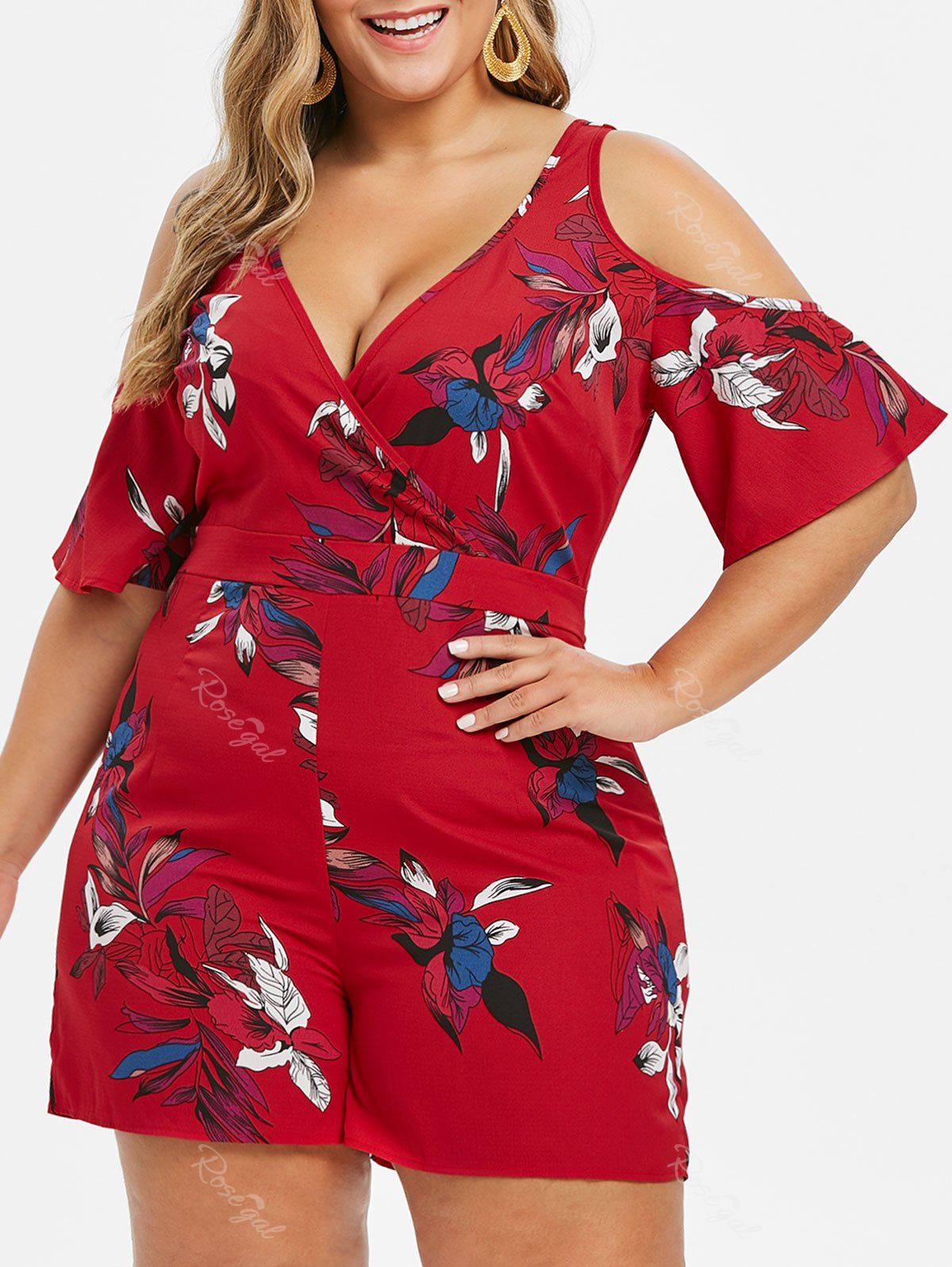 

Plus Size Floral Print Cold Shoulder Surplice Romper, Red wine