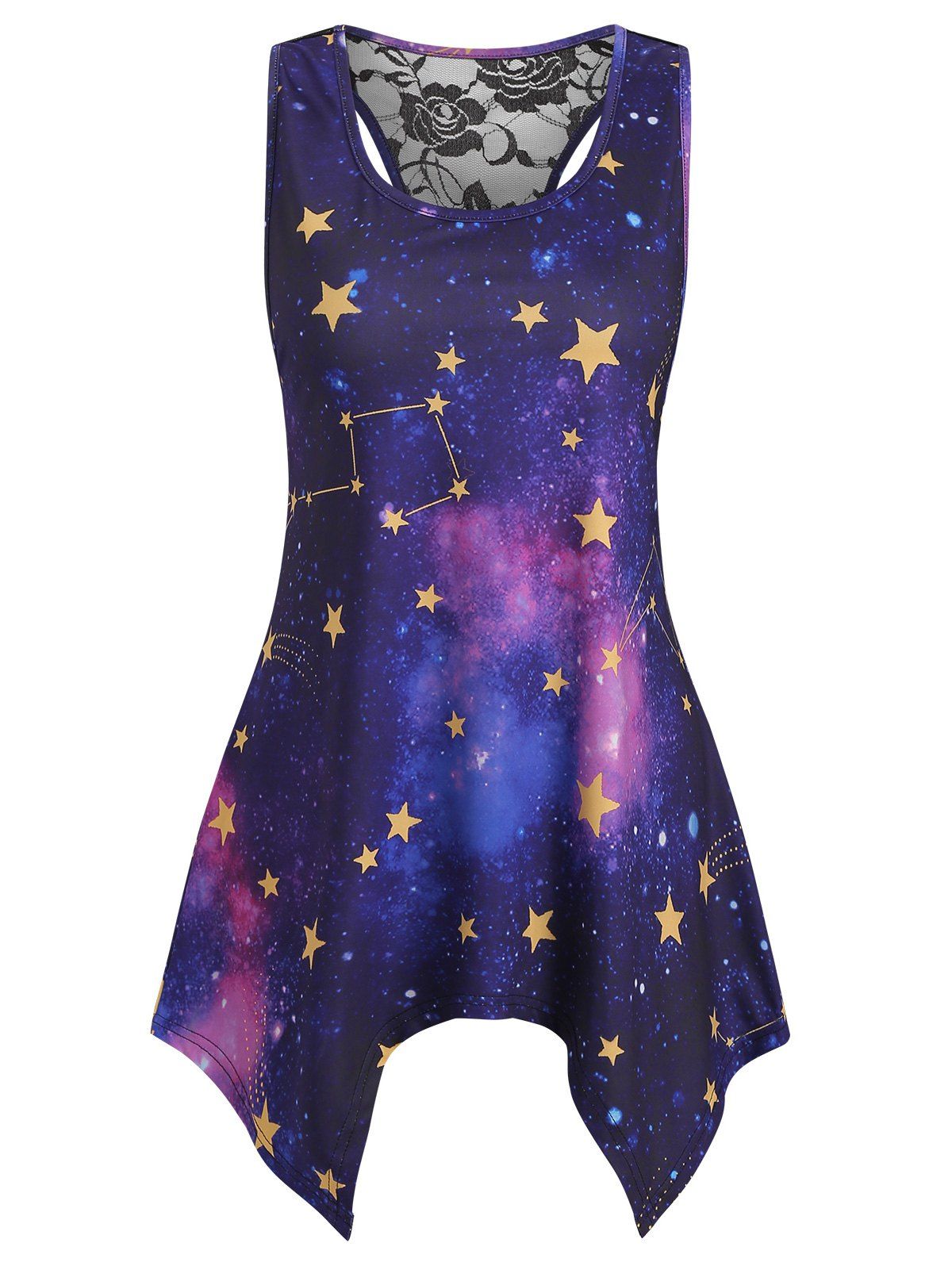 

Sun Star Print Lace Insert Handkerchief Tank Top, Multi-a