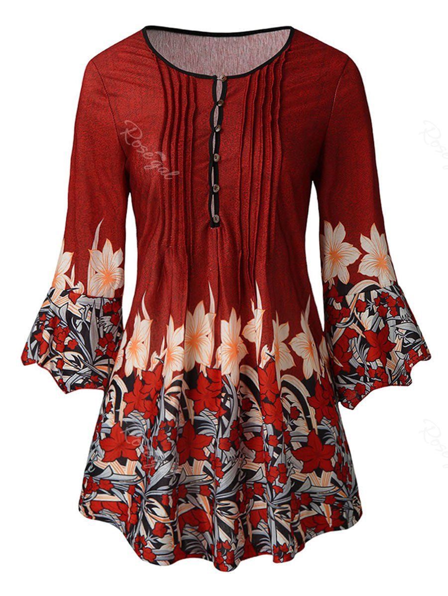 

Plus Size Bell Sleeve Floral T-shirt, Red wine